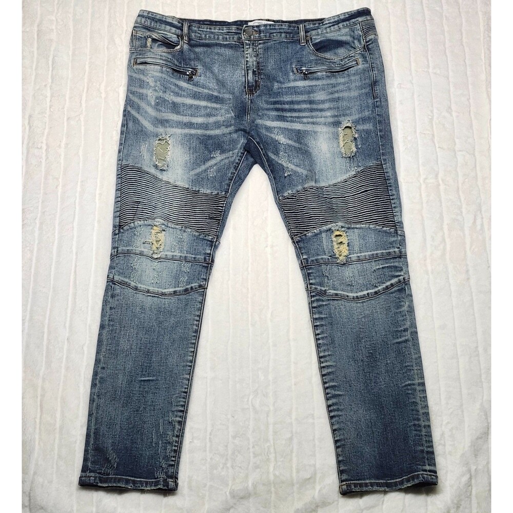 Embellish Men's Biker Jeans Size 44 Distressed Ripped Blue Denim Moto Pants